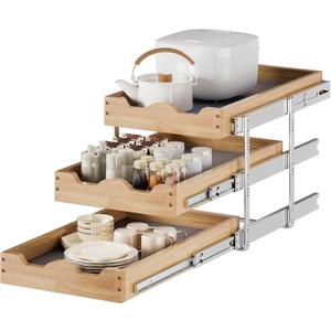 DINDON 3 Tier Pull Out Cabinet Organizer 14W X21D Slide Out Shelves With Shelf Liner for Kitchen Wood Roll Out Drawers Pantry Organization