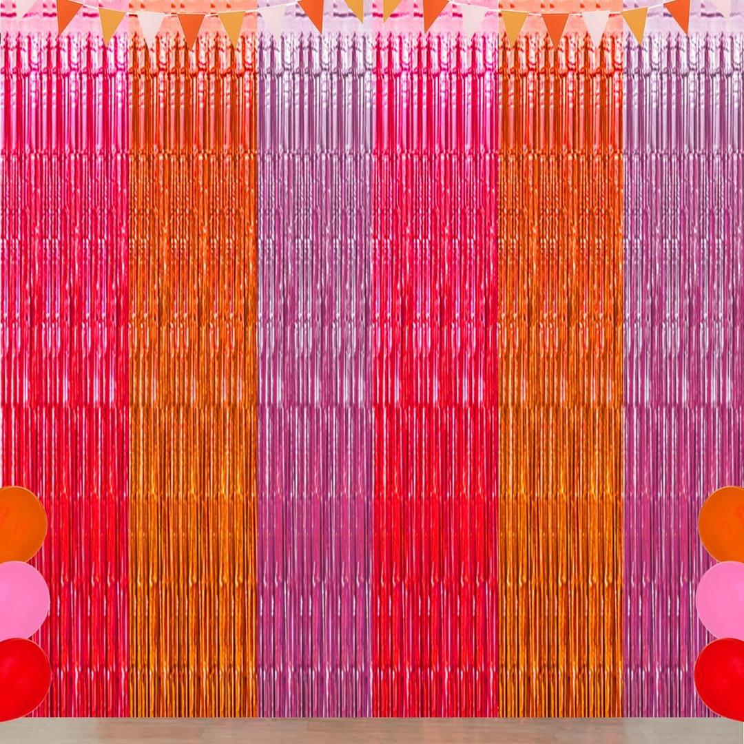 Pink Orange Party Decorations, Rose Red Orange Pink Foil Fringe Backdrop Curtain, Thanksgiving Tinsel Streamer, Fall Autumn Bachelorette Party Decorations(3 Pack)