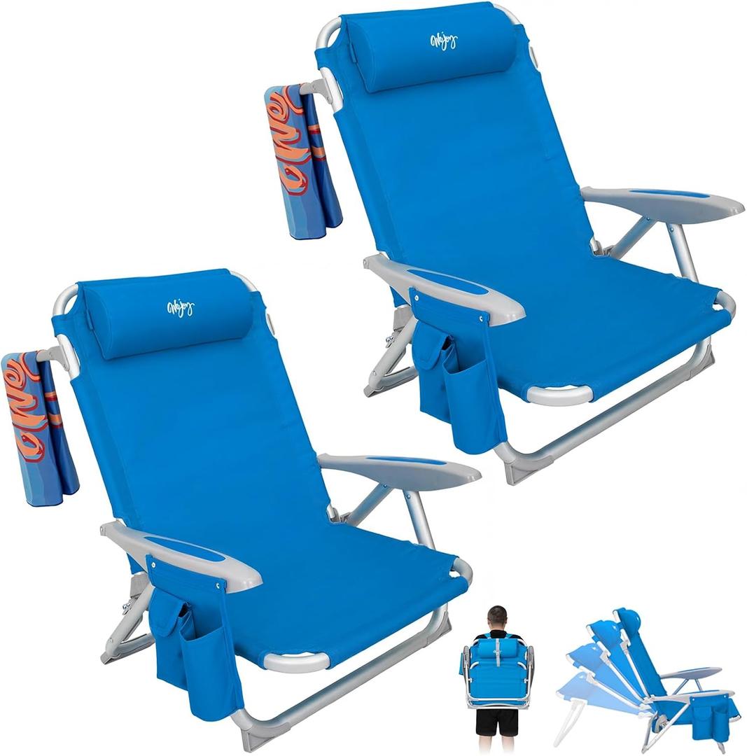 #WEJOY Beach Chair for Adults, Reclining Adjustable Position, Lay Flat Lightweight Folding Portable Aluminum Chair with Backpack Straps, Padded headrest, Heavy Duty 400 lbs Lawn Chair for Beach, 2 Pack