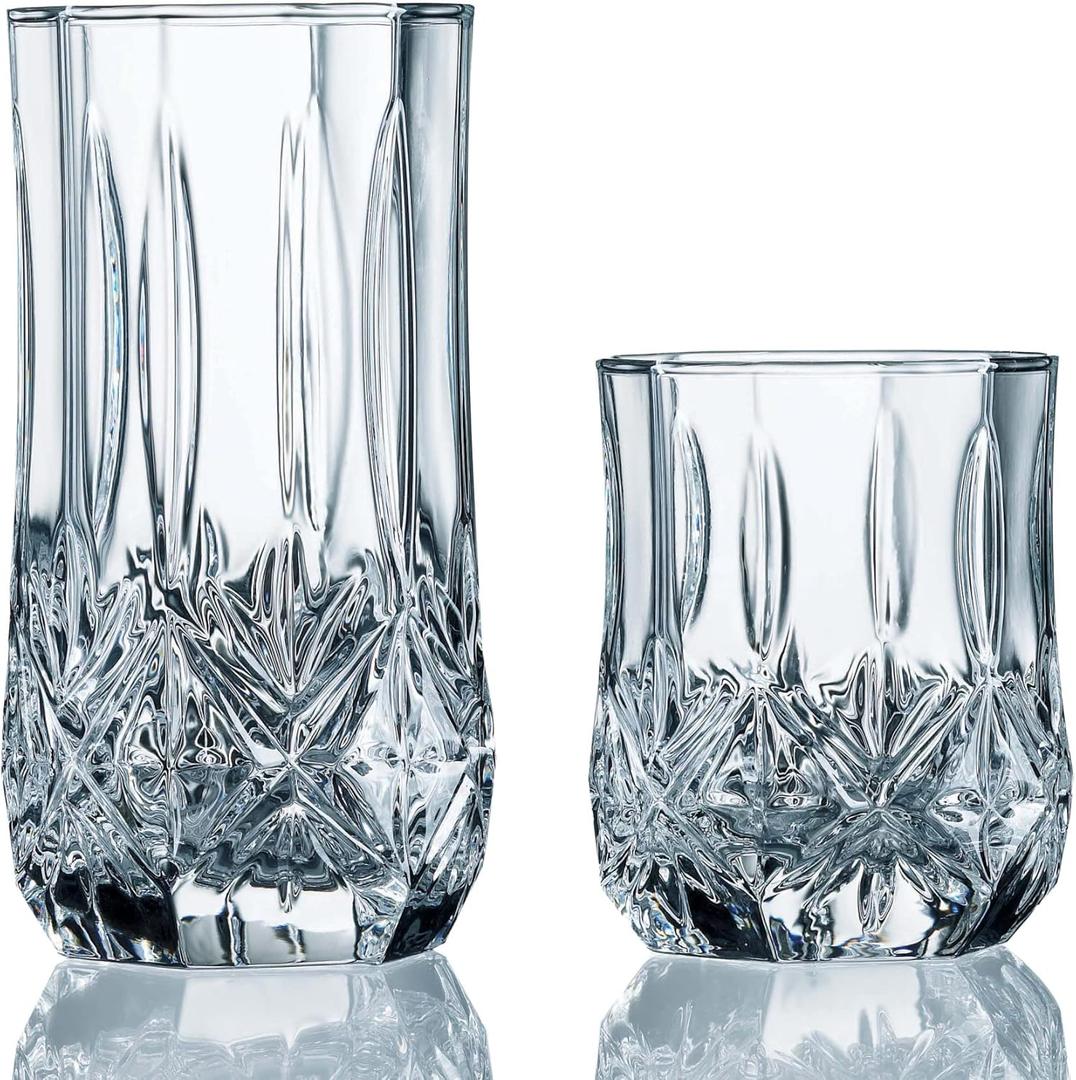 Luminarc Brighton Tumbler 15.75 Ounce Coolers & 8-9 Ounce On The Rocks Glasses, 16-Piece Mixed Set, Clear