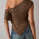 Bell Princess Womens Off Shoulder Tops Asymmetrical Short Sleeve Crop Top Knit Sexy Y2K Summer Cute Slim Fit Shirts(0305-Brown-XS) (Brown, XS)