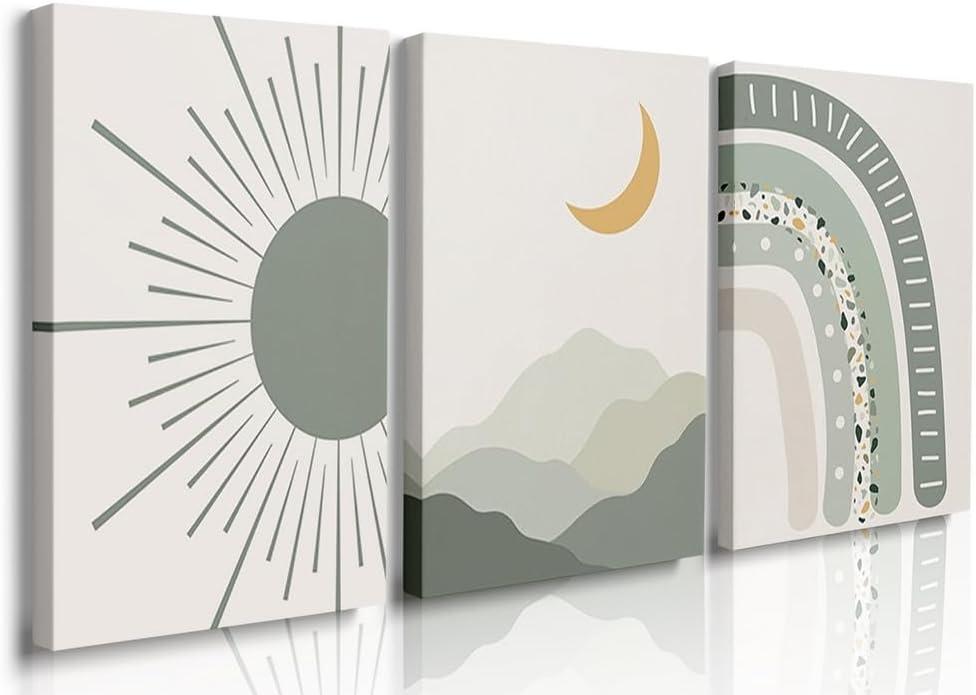 igno Boho Nursery Print Set of 3,Sun Rainbow Moon Baby Room Posters,Sage Green Wall Art Celestial Bedroom Kids Room Wall Art Decor, Abstract Art Prints,Mid Century Mountain Art for Home Decor 12"x16"
