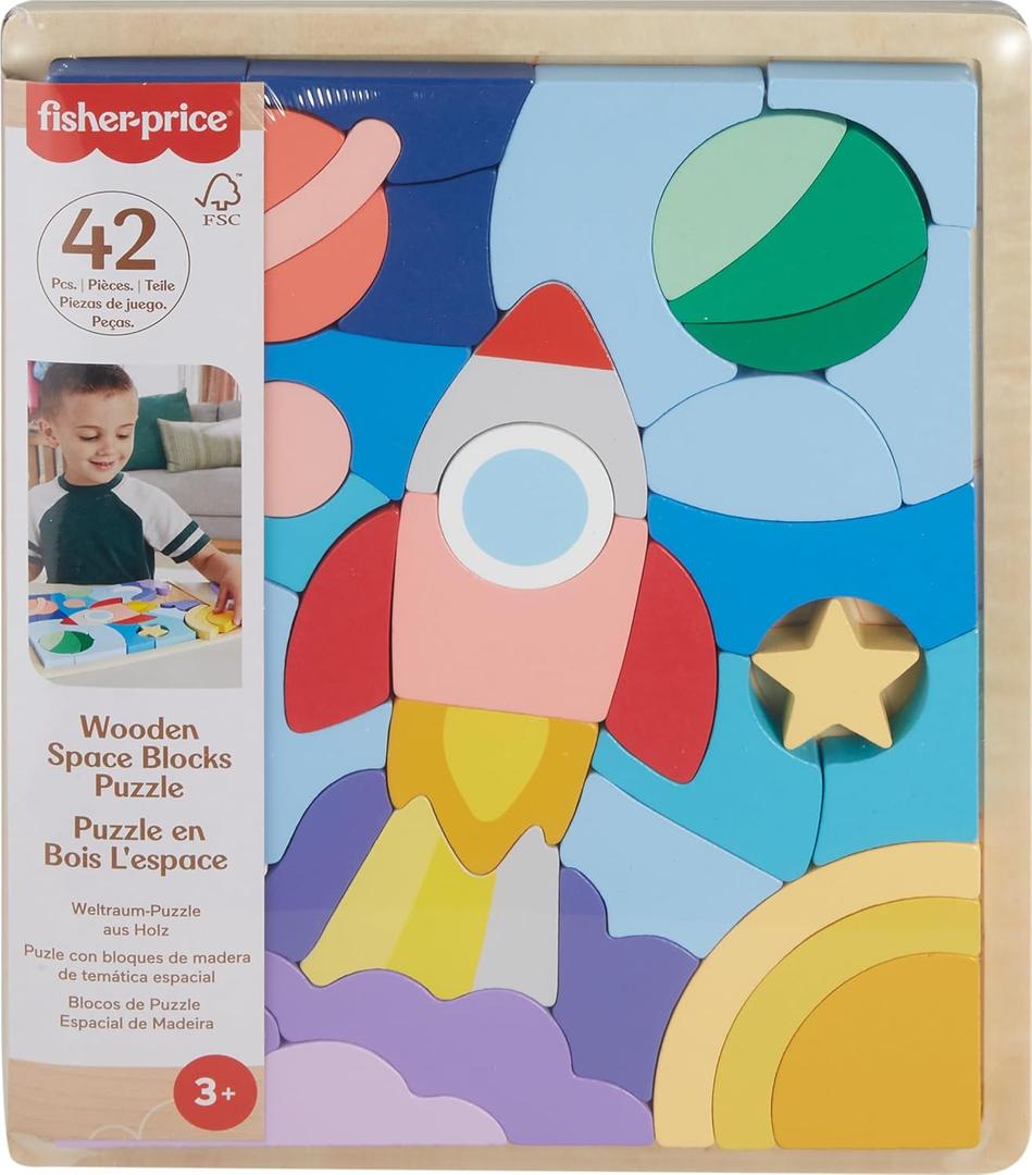 Fisher-Price Wood Preschool Toy Space Blocks Jigsaw Puzzle, 42 Wooden Pieces for Stacking & Sorting Play Kids Ages 3+ Years