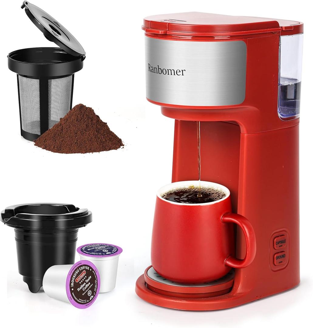 K Cup Coffee Maker, Single Serve coffee machine or Ground Coffee Machine 2 in 1, 6 to 14 Oz Brew Sizes, Mini One Cup Coffee Maker with Self cleaning Function, Fits Travel Mug, Red K Cup Coffee Maker, Single Serve coffee machine or Ground Coffee Machine 2 in 1, 6 to 14 Oz Brew Sizes, Mini One Cup Coffee Maker with Self cleaning Function, Fits Travel Mug, Red
