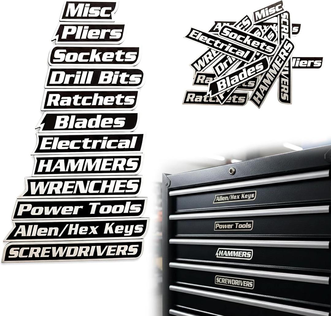 Magnetic Tool Box Labels, 12-Pack Magnetic Toolbox Label, 3D Printed Tool Box Labels Magnet Set for Garage Organization, Reusable Tags for Steel Toolboxes, Carts, Drawers & Cabinets Black