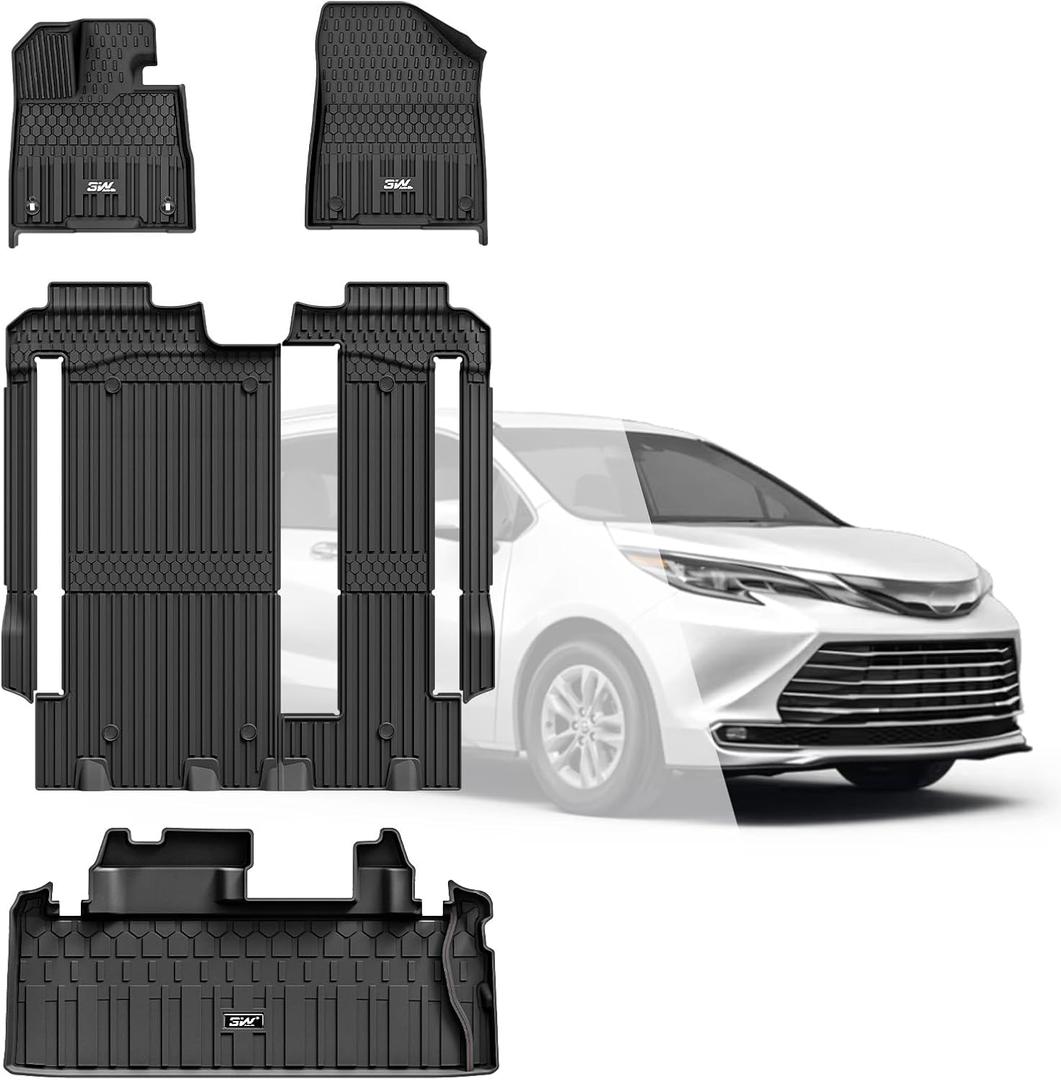 3W Floor Mats & Trunk Mat for Toyota Sienna 2021-2026 LE/XLE(Only for 8 Seat), TPE All Weather Custom Fit Floor Liner for Sienna 1st, 2nd and 3rd Row and Cargo Mat, Black
