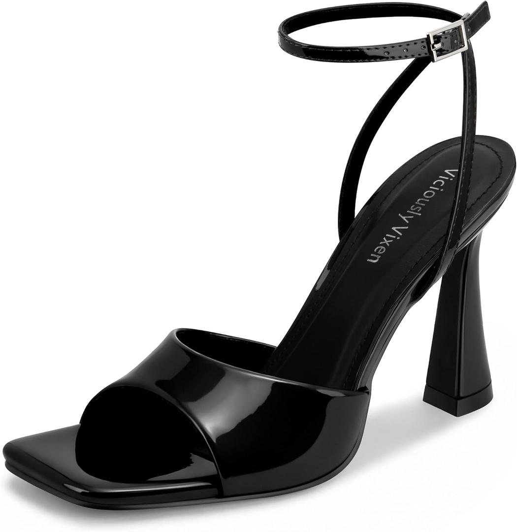 Strappy Kitten Heels for Women Square Open Toe Stiletto Mesh Heeled Sandals with Ankle Strap Wedding Party Dress Shoes (8.5, Black)