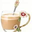 Flower Glass Tea Cup With Spoon Set, Ideal Gift For Mothers Wife Grandma Women Friends On Valentines Day Christmas Birthday, Durable Coffee Mug (Chrysanthemum, 11 OZ)