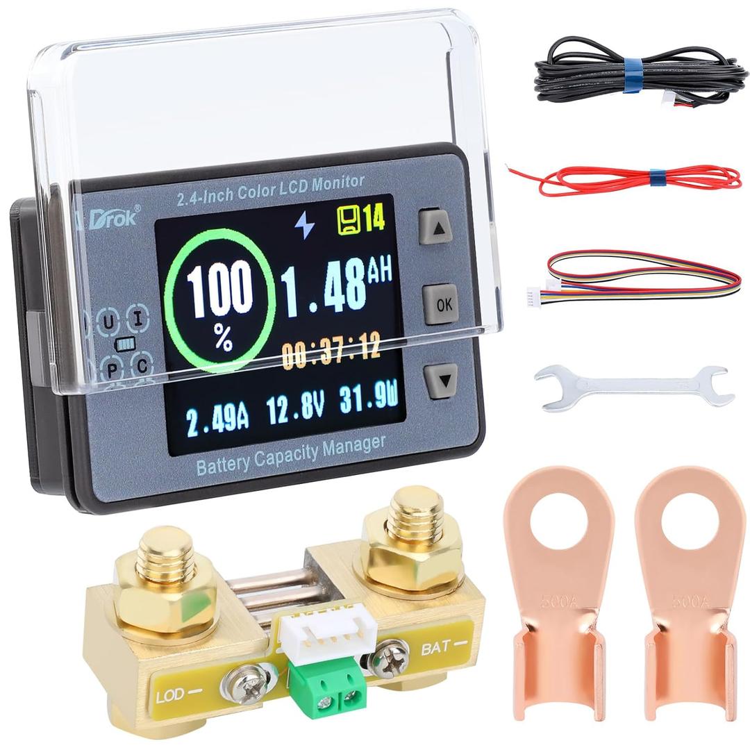 DROK Battery Coulometer, DC 8-100V 500A Split Type Multi Tester 12V 24V 36V 48V 60V Coulometer Watt Meter, Capacity Percentage Time Power Voltmeter Ampmeter for RV Solar Panel Golf Cart Car Audio