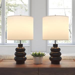 17.5" Black Ceramic Gourd Table Lamps Set of 2, Touch Control Farmhouse Lamps for Nightstand Living Room, Small Rustic Bedside Lamp for Bedroom Desk End Table Office with Linen Shades