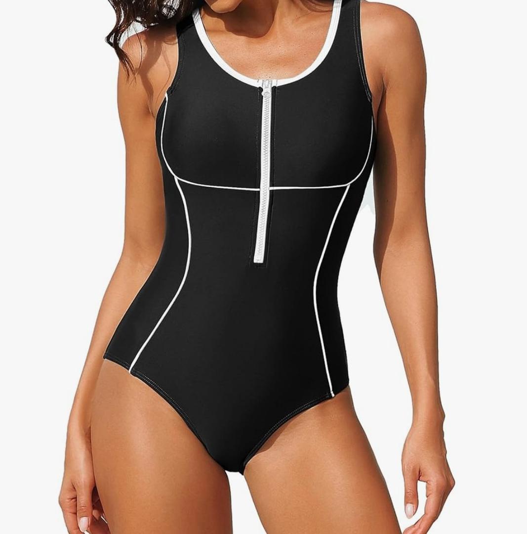 beautyin Womens One Piece Swimsuit Zip Up Athletic Bathing Suit Racerback Training Swimwear Medium