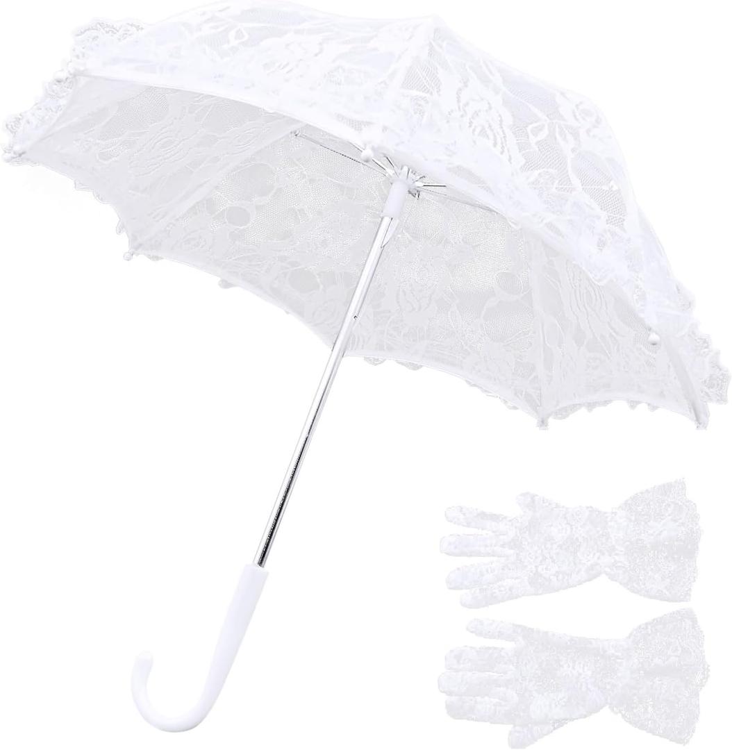Mini White Lace Parasol Umbrella with Lace Gloves for Kids, Small Wedding Umbrella for Tea Party Wedding Photo Props