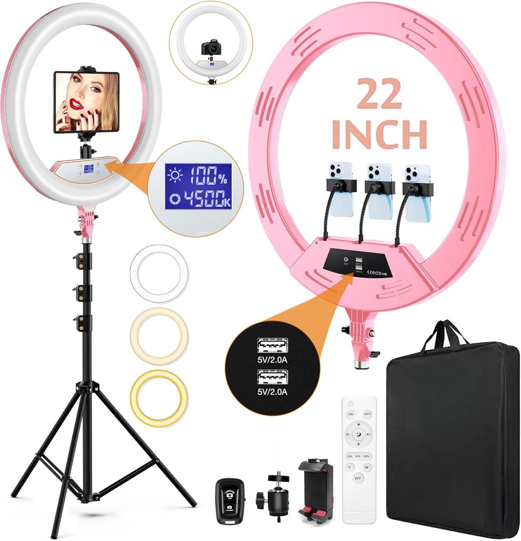 22"Ring Light with Stand,Ring Light Tripod for iPhone ipad,with 75"Tripod/LCD Display/4 ipad iPhone Clips/2 USB Ports,2600K-6500K Color Temperature,for Barber Makeup Tattoo TikTok Video Recording Vlog (Pink)