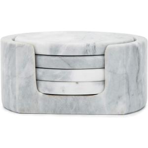 Fox Run Natural Polished Marble Coasters, Set of 4 White Coasters With Holder
