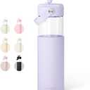 Glass Water Bottle with Silicone Sleeve and Straw Lid 20oz for Girls Women, Glass Drinking Bottles for Travel Home Gym Sports (Amethyst Whisper)
