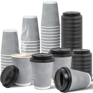 Ginkgo 100 Pack 12 oz Disposable Insulated Coffee Cups With Lids, Double-Walled Ripple To Go Paper Travel Cups for Hot Drinks - Gray