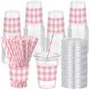 Sliner 50 Sets 16 oz Pink Gingham Party Plastic Cups Pink Checkered Plaid Disposable Drinking Cups with Lids and Paper Straws for Christmas Baby Shower Wedding Birthday Party Supplies