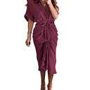 BTFBM Women Button Down Ruched Shirt Dresses Satin Short Sleeve Lapel V Neck Summer Maxi Dress 2025 Party Wedding Guest(orange, Size 3XL)