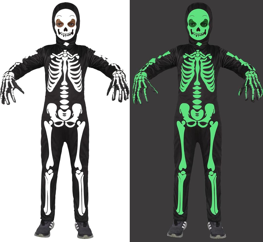 Sicypoty Kids Skeleton Costume Glow in The Dark Halloween Bone Bodysuit with Skeleton Hood Mask Black (8-10 Years)