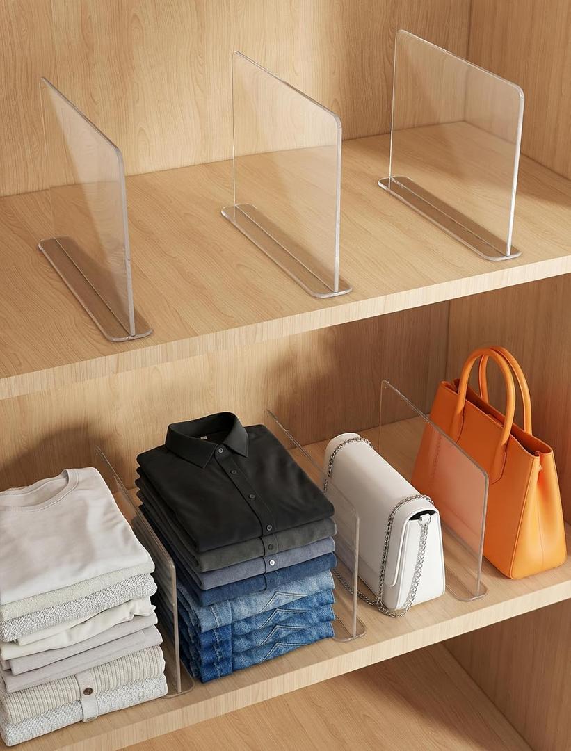 Purse Organizer for Closet Shelf Dividers: 8 Pack Acrylic Clear Vertical, T-Shaped Base, Fit Any Shelf Thickness, No Tools Needed 5-Second Install, Storage for Handbags, Clothes, Towels, 11.03"x8.07"