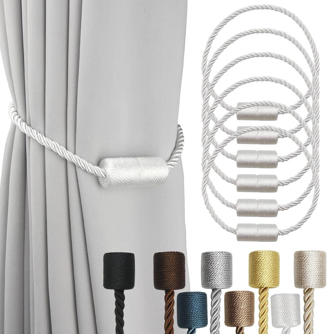 6 Pack White Strong Magnetic Curtain Tiebacks Outdoor Elegant Decorative Tie Backs Modern Rope Tiebacks for Drapes Window Curtain Holdbacks for Draperies