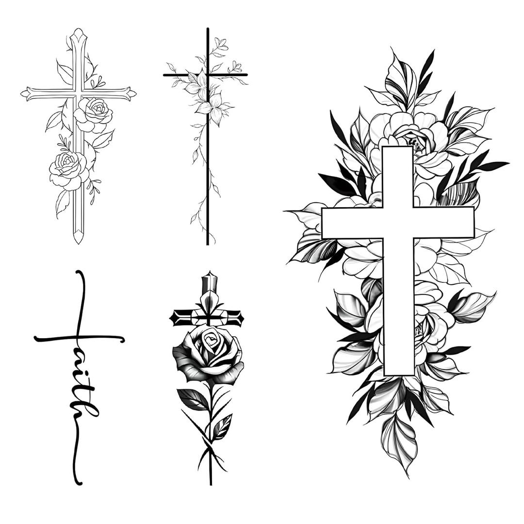 Christian Cross Temporary Tattoos  5 Styles of Floral & Script Cross Fake Tattoos for Arm, Neck, Finger, Hand, Religious Faith Semi-Permanent Body Art, Waterproof & Realistic