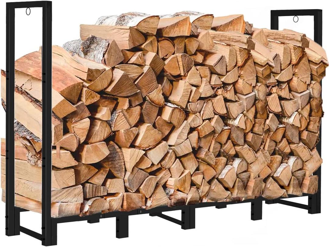 Koutemie 8Ft Outdoor Firewood Rack Holder for Fireplace Wood Storage, Adjustable Fire Log Stacker Stand, Black