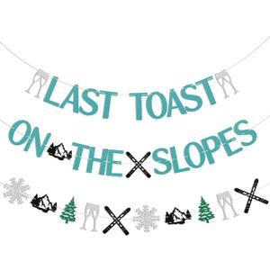 Last Toast on the Slopes Banner - Winter Ski Themed Bachelorette Party Decorations, Apres Ski Bachelorette Bridal Shower Party Decorations Blue Glitter