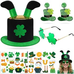 7 Pcs St. Patrick's Day Costume Accessories Leprechaun Top Hat Shamrock Earrings Glasses Irish Stickers Set for Women