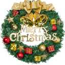 Christmas Wreath Reef for Front Door Window 13 Inch Pine Artificial Garland with Bowknot, Bells, Deer, Red Berries, Flower Gifts for Christmas Party Decor (Gold)