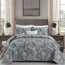 Gray Paisley Quilt Set King Size Boho Bedspread Coverlet Set 3 Pieces, Soft Lightweight Microfiber Vintage Dark Grey Paisley Floral Pattern Bedding for All Season, 110''x90''