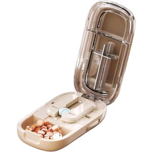 E Chu Pill Cutter, Adjustable Pill Cutter and Splitter for Multiple Pills, Portable 1/2 1/4 Splitter Popper for Multiple Pills, Accurate Centering Alignment Device (Beige, 1/2 + 1/4)