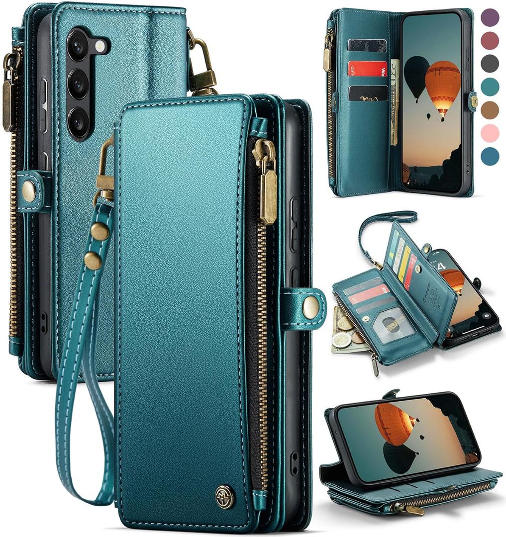 Defencase Compatible with Samsung Galaxy S23 Plus Case Wallet with RFID Blocking Card Holder for Women Men, PU Leather Magnetic Snap Flip Zipper Strap Phone Case Fit for Galaxy S23 Plus 5G 6.6", Green (Fashion Blue Green)