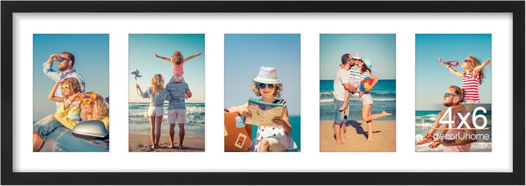 DecorUhome 8x24 Picture Frames Collage Wall Decor, Display 5Pcs 4x6 Photos with Mat or 1Pcs 8x24 Unmatted, 5 4x6 Collage Picture Frames for Wall Mounting, Black