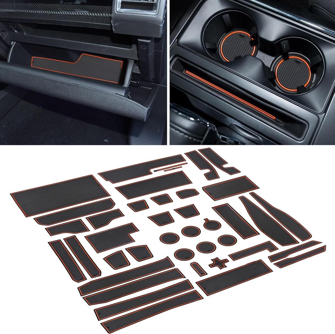 for Ford F150 Accessories 2021 2022 2023 2024 2025 Non-Slip Anti Dust Cup Holder Insert Center Console Liner Trim Door Packet Mats Custom Interior 40-pc Set (Bucket SuperCrew)(Orange Trim)
