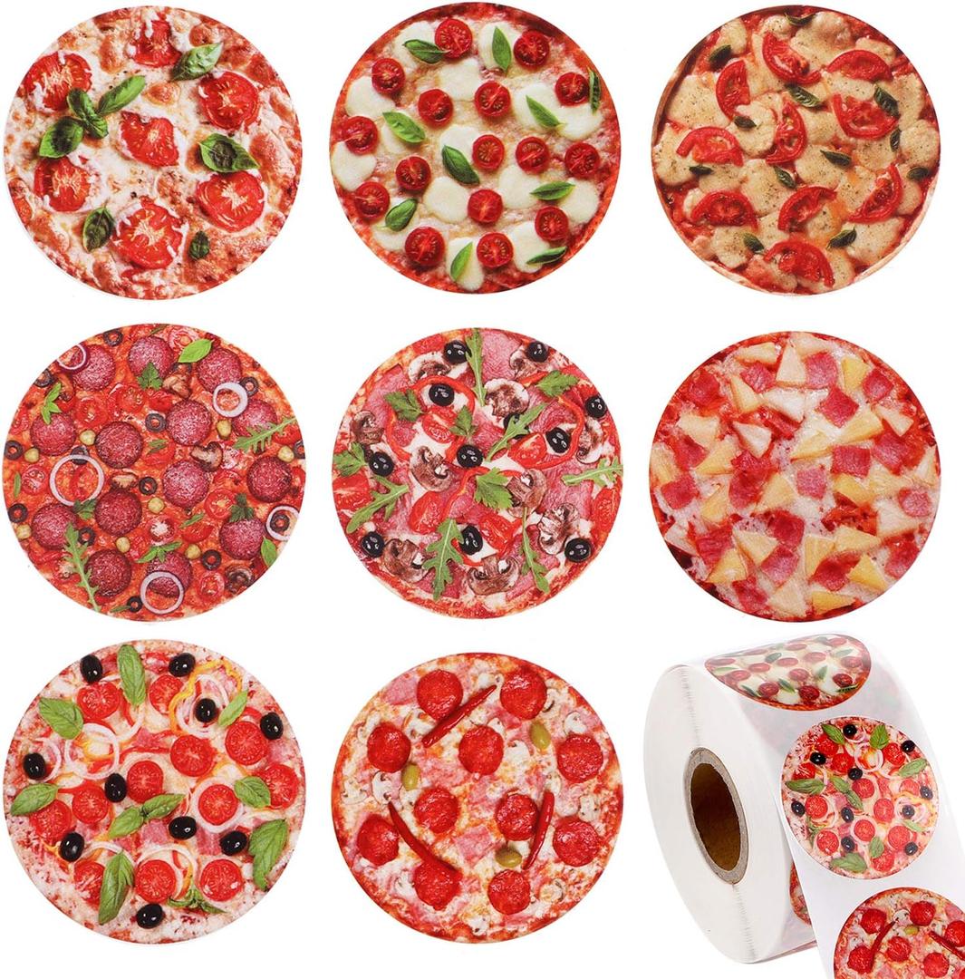 Blulu 600 Pieces Pizza Stickers Roll Realistic Pizza Stickers Italian Food Party Decoration for Classroom Reward Party Gift Favors Crafts DIY Bakery Box Sealing
