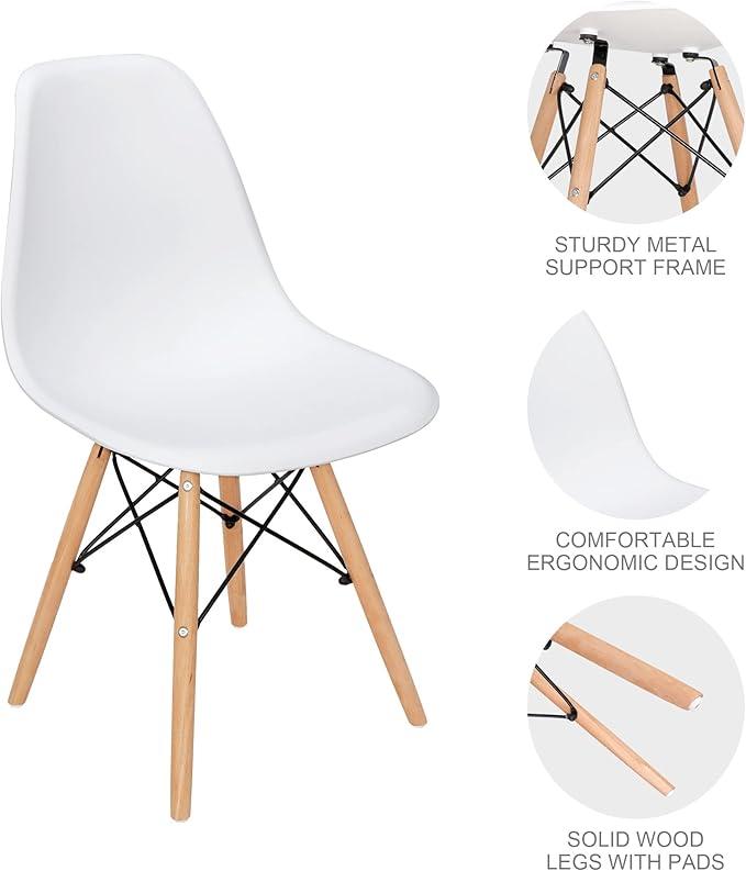 Modern Dining Chair Plastic DSW Shell Lounge Chair Mid Century Side Chairs with Solid Wood Legs for Living Room, Kitchen, Dinning Room, Bedroom, White