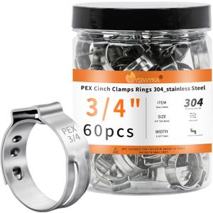 60pcs 3/4 inch PEX Cinch Clamps Rings, 304 Stainless Steel Single Ear Hose Clamps, Pex Crimp Rings for PEX Tubing Pipe Fitting Connections