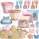 Dreamon Beach Toys Set for Kids 3-10, Collapsible Sand Buckets with Beach Molds and Mesh Bag, 3 Pack Shovels Set Sand Toys for Beach, Sandbox Travel Toys for Toddlers Kids (Pink/Orange/Blue)