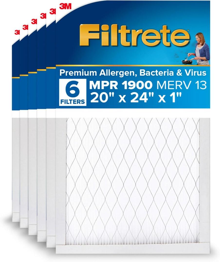 Filtrete 20x24x1 AC Furnace Air Filter, MERV 13, MPR 1900, Premium Allergen, Bacteria & Virus Filter, 3-Month Pleated 1-Inch Electrostatic Air Cleaning Filter, 6-Pack (Actual Size 19.81x23.81x0.78 in)