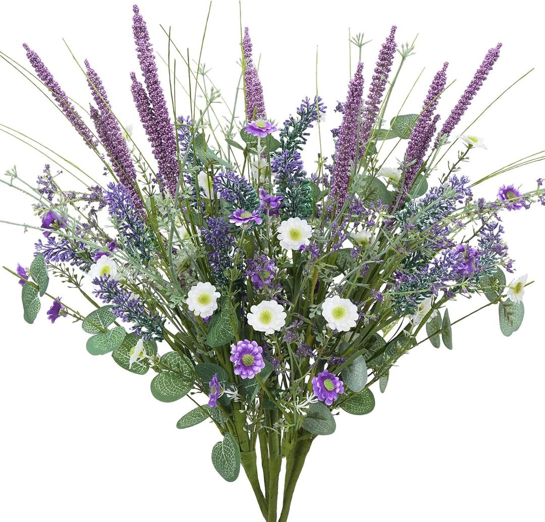 19.6" Fake Lavender Flowers Artificial Purple 5Pcs Faux Florals Plastic Flowers with Daisies Bulk Bush Spring Summer for Garden Porch Table Centerpieces Home Kitchen Wedding Decorations