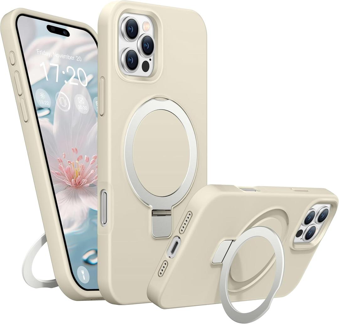 Liquid Silicone Case for iPhone 16 Pro Max with Magnetic Ring Stand, Military Grade Shockproof Protection, Anti-Scratch Microfiber Lining Covers for iPhone 16 Pro Max, White