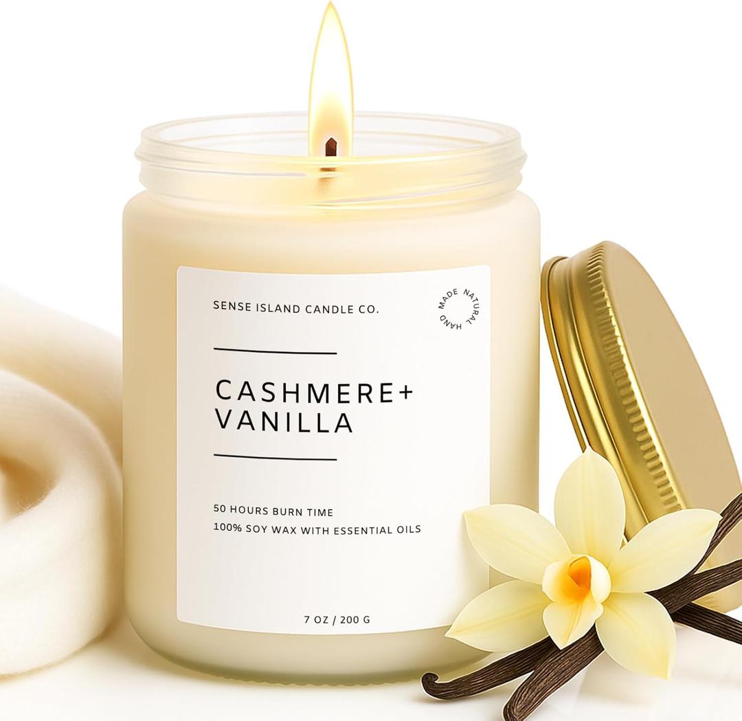 SENSE ISLAND Cashmere Vanilla Scented Candle for Home Scented 50+ Hrs Highly Scented Creamy Vanilla Velvet Cashmere | 100% Natural Soy Candle Gifts for Women Vanilla Candles for Cozy Holiday