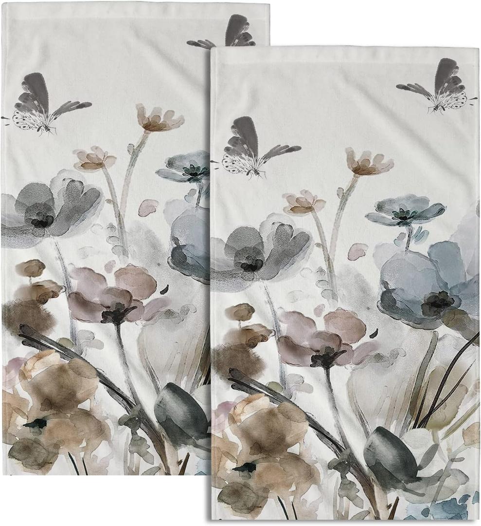 Giwawa Grey Floral Hand Towels Boho Botanical Fingertip Towels Set of 2 Soft Guest Face Towel Bathroom Decorations Thin Kitchen Tea Dish Towels