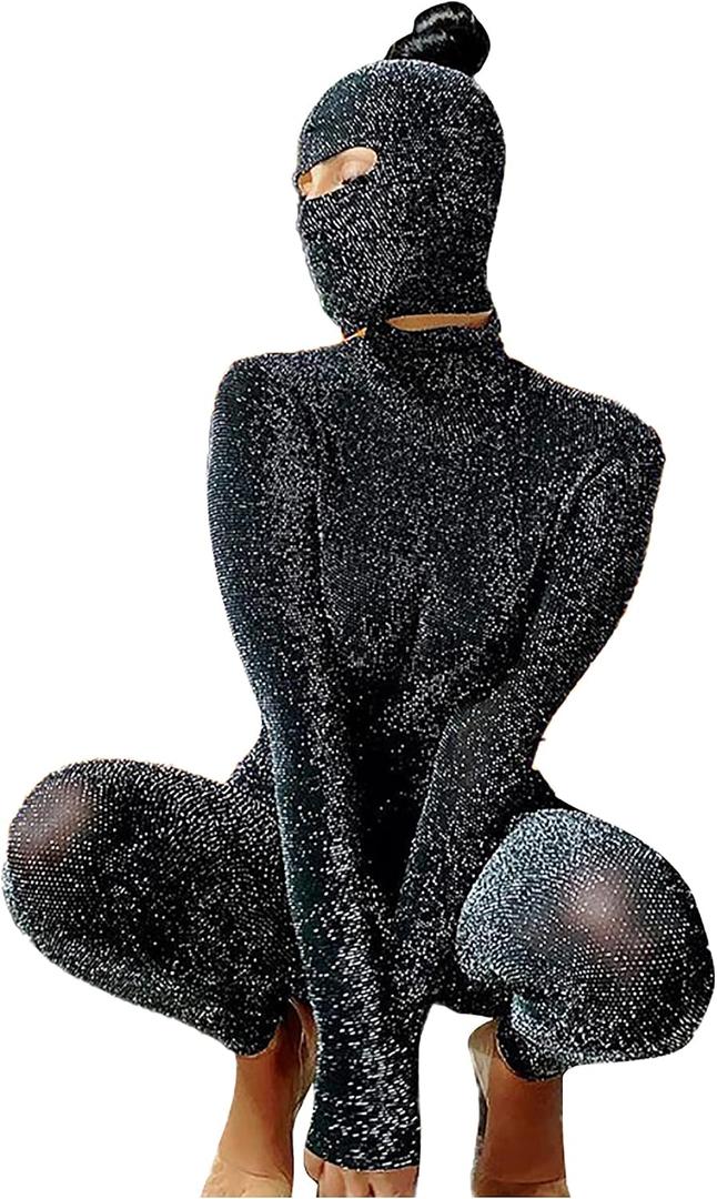 Atyfuniby Women's Sexy Bodycon Jumpsuits See Through Sparkly Long Sleeve Backless One Piece Outfits Clubwear (Black, S)