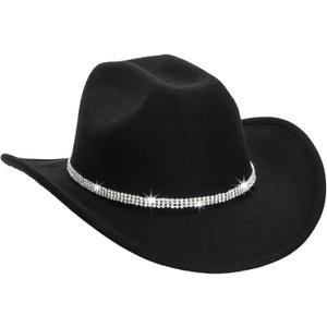 Vintage Western Cowboy Hat for Men Women - Wide Brim Cowgirl Fedora Bling Hats with Diamonds M (Black-d3)