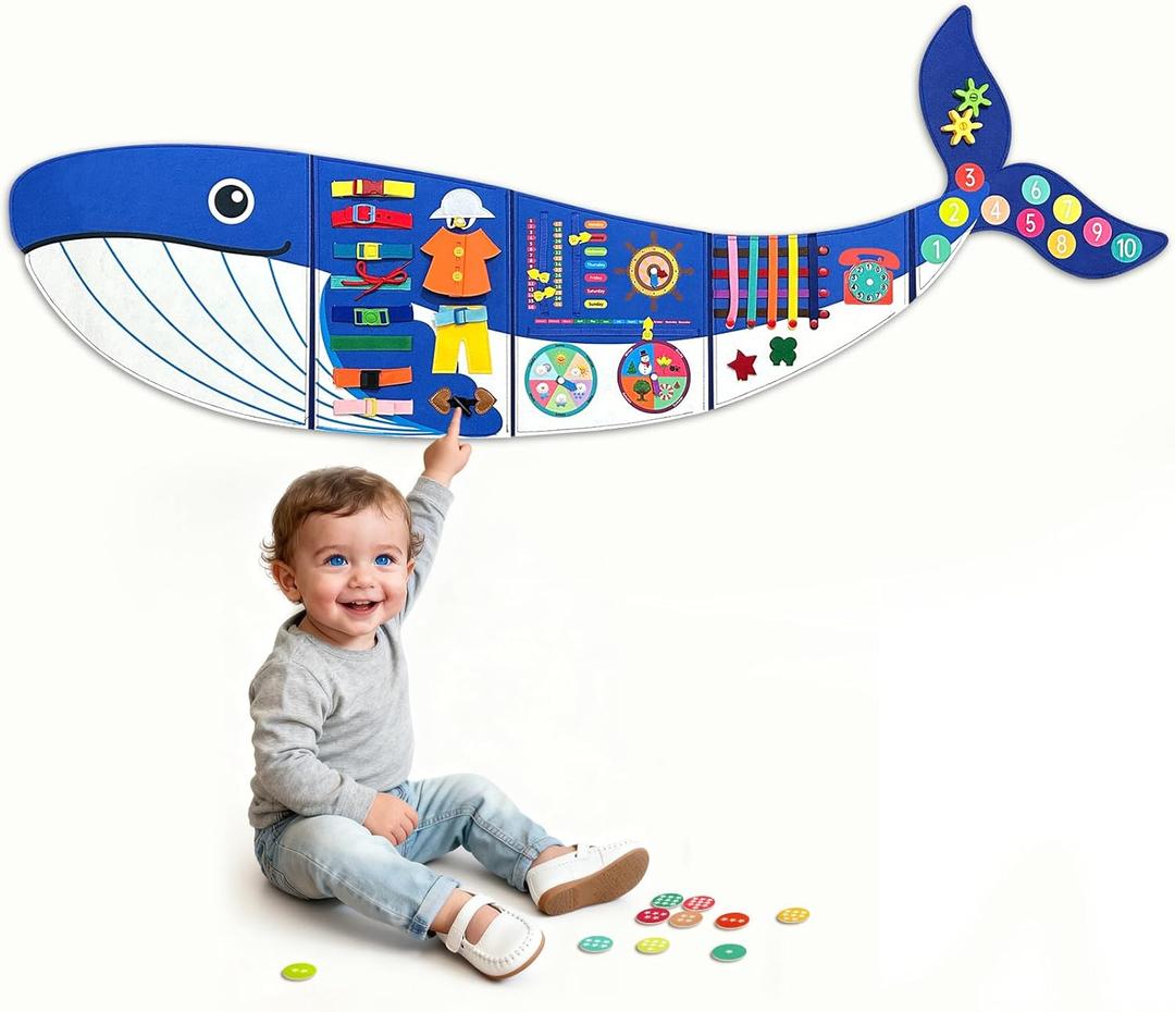 Whale Montessori Busy Board Toddler Busy Board, Activities Foldable Montessoris Toys for 3+ Years Old Wall Panel
