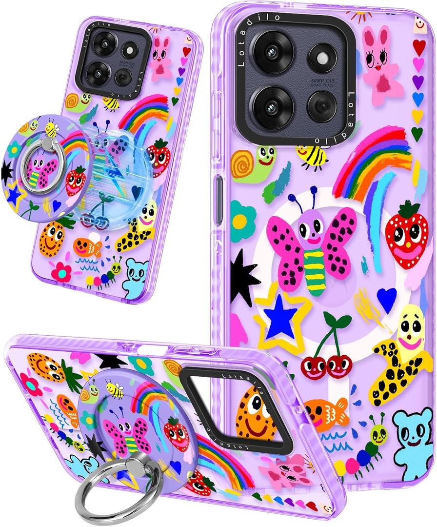 Lotadilo Cute Case for Moto G Power 2026/2025/Play 5G 2025 for Women Girls - Funny Crayon Drawing Design Compatible with Magsafe Ring Holder Magnetic Stand Kickstand Fashion TPU Phone Covers Kawaii