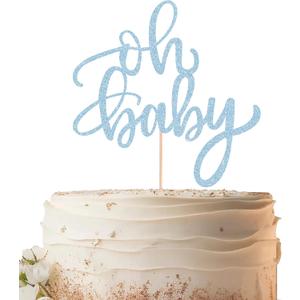 Oh Baby Cake Topper - Light Blue Glitter Baby Shower Cake Decorating Supplies for Boys or Girls, Baby Shower Cake Topper for Gender Reveal Baby Birthday Party Photo Booth Props