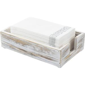 MyGift Shabby White Washed Solid Wood Bathroom Counter Guest Folded Paper Towel Holder, Sink Countertop Disposable Napkin Dispenser Vanity Toiletry Tray